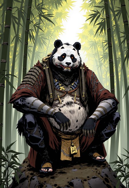 <lora:ck-cyber-relic-000015:1>, in the style of ckcr, Anthropomorphic panda warrior in a samurai outfit, sitting on a rock in a lush bamboo forest. Highly detailed, cinematic lighting, anime-style shading with strong lines. Fantasy character design with intricate armor and traditional samurai elements. Stylized comic book aesthetic with sharp contrasts and dynamic pose
