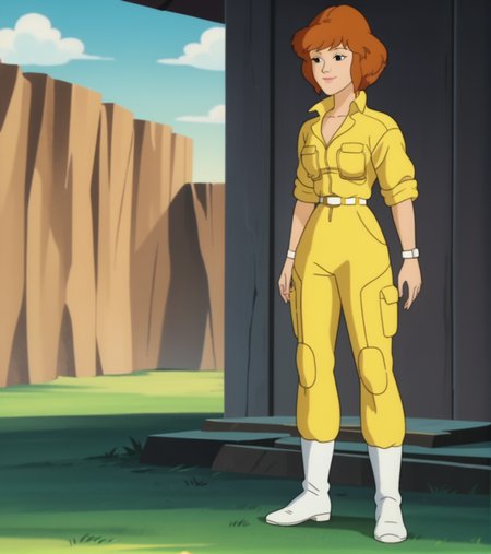score_9, score_8_up, score_7_up,  
apriloneil, (closed mouth, half smile), yellow jumpsuit, sleeves rolled up, watch, white belt, white boots, screencap, animation key visual, retro_artstyle, cartoon, source_cartoon, lowres, 1990s_(style), <lora:April_ONeil:1>