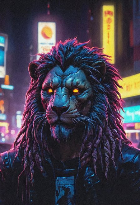 DnD_Grainyboyz, grainy, noise, Dark cyberpunk artwork, Extremely hyper realistic detailed CYBER-HUMAN-LION, portrait,dreadlocks,  cyberpunk, outdoor, nigth, city background, neon, neon lights, Cyberpunk Cityscape at Night: A sprawling city illuminated by vibrant neon lights and holographic advertisements.An atmospheric and powerful dark fantasy, natural organic and impressionist classical-style painting , VHS screen grab, nostalgic, old 80s found footage