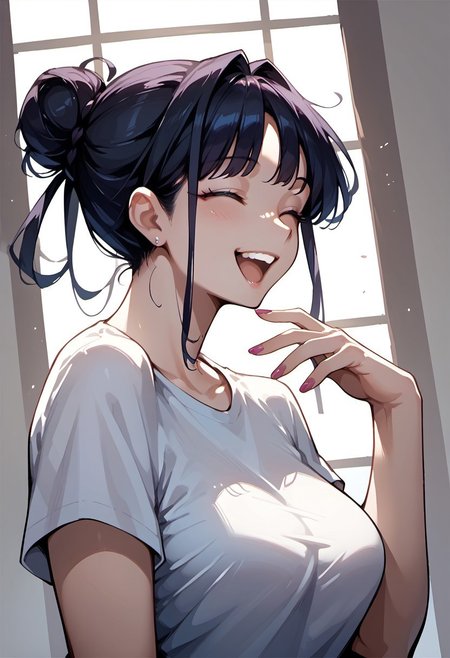 score_9, score_8_up, score_7_up, score_6_up, 1girl, source_anime, 
1girl, Hina,
haircut bangs, hair bun, smiling, laughing,
Dutch angle,