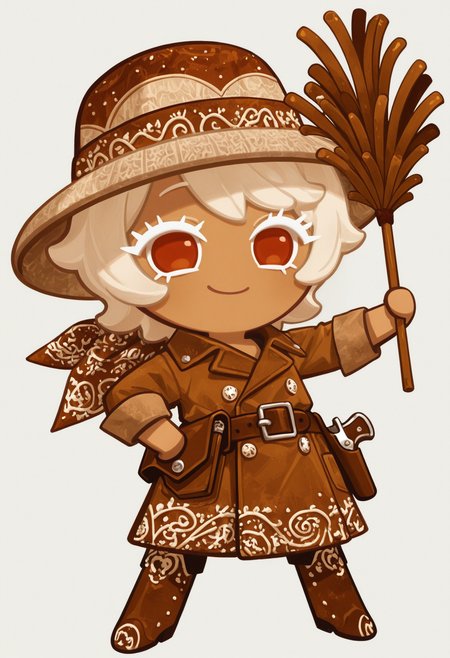 masterpiece,best quality,amazing quality,
colored eyelashes,white eyelashes,
brown leather duster coat, beige hat, cinnamon-themed accessories, rugged pose, solo, full body, simple background, (western theme:1.1), (spice theme:1.1), bandana with cinnamon-patterned print, holstered pistol with cinnamon-shaped grip, boots with cinnamon-colored stitching, warm smile, dusty beard, holding cinnamon-scented cigar
crk1styl111,<lora:lycoris:1>,(chibi:1.4),