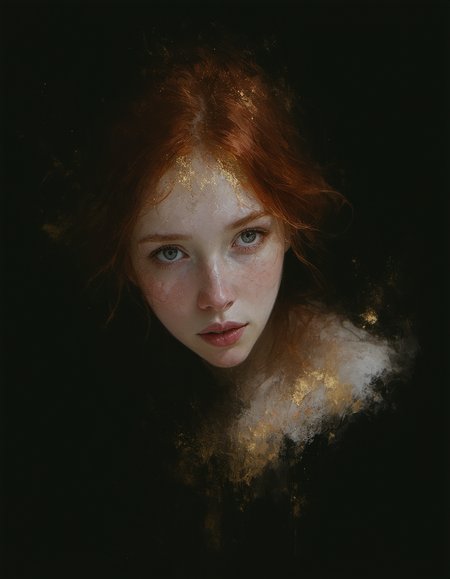 Figurative Close up portrait, surreal, Oil painting.

Subject: Cherubic, red haired woman, alabaster skin.

Palette: crushed lavender blush, powdered sugar highlights, inky voids.
Makoto Fujimura-inspired nihonga marbling meets Klimt-esque gilt textures. Diffused light fractures through airborne ink droplets—innocence laced with liquid chaos.