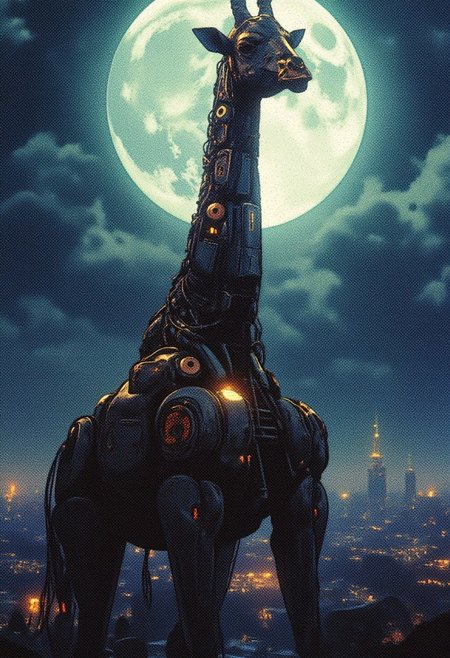 A towering mechanical cyberpunk giraffe stands in the foreground, illuminated by the soft glow of the full moon. Its sleek, metallic body glimmers with intricate details, wires, and glowing circuits. The scene is set in a dystopian nightscape, with a dark, clouded sky and a cold, industrial atmosphere. In the distance, the glowing lights of a sprawling city flicker, casting an eerie light on the horizon. The giraffe's long neck stretches toward the sky, a symbol of both nature and machine in this bleak, futuristic world.