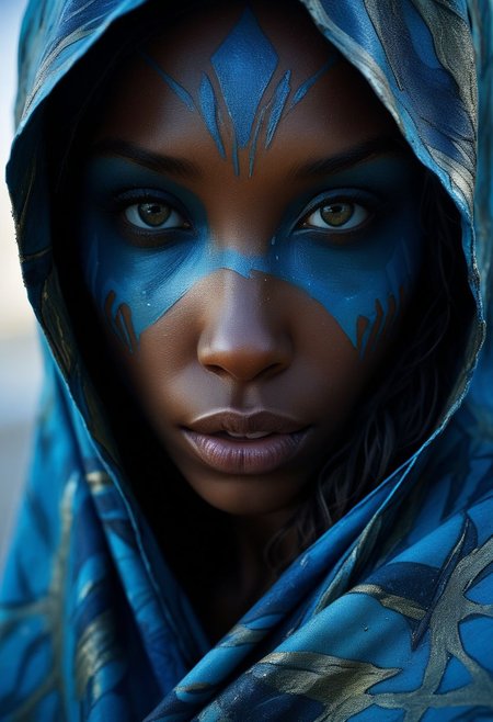 Close-up face, mysterious silhouette of an exotic coloured girl in worn down cape, light blue war-paint over eyes only, goddess, alluring, by Minjae Lee, Carne Griffiths, Emily Kell, Steve McCurry, Geoffroy Thoorens, Aaron Horkey, Jordan Grimmer, Greg Rutkowski, amazing depth, double exposure, surreal, geometric patterns, intricately detailed, bokeh,  perfect balanced, deep fine borders, artistic photorealism , smooth,  great masterwork by Suiras  <lora:add-detail-xl:2>  <lora:Double_Exposure:0.5>