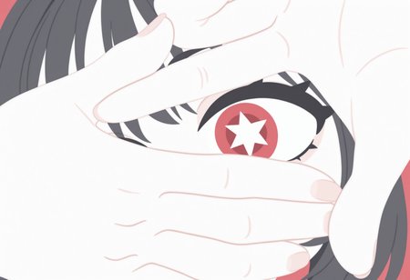 masterpiece, best quality, very aesthetic, absurdres, newest,
1girl,  close-up, from above, flat color, star-shaped pupils, upper body,   hand frame, eye focus, black hair, thick eyelashes, 
, <lora:pochi_science_ill:1.1>
, <lora:NOOB_EPSv1_1_detailer_by_vlnvk_v0_5:1>