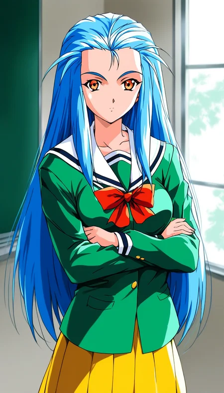 score_9, score_8_up, score_7_up, source_anime, rating_explicit, BREAK <lora:Minazuki_Kotoko_XL:1> Minazuki_Kotoko, blue hair, long hair, orange eyes, medium breasts,
1girl, solo, school uniform, furrowed brow, looking at viewer, long sleeves, green shirt, serafuku, indoors, shirt, window, 1990s (style), Yellow skirt,
cross arms,