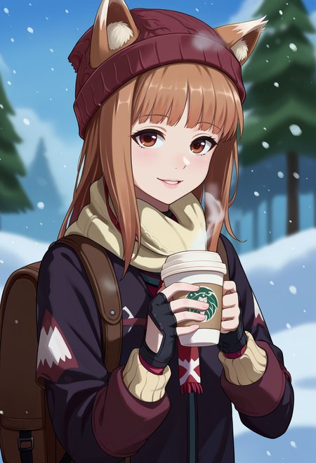 score_9, uncensored, source_anime
BREAK
holo \(spice and wolf\), wolf ears, wolf tail, 1girl,solo,looking at viewer,smile,gloves,long sleeves,hat,holding,brown eyes,jacket,upper body,multicolored hair,outdoors,parted lips,day,black gloves,hood,fingerless gloves,bag,scarf,blurry,cup,lips,coat,plaid,gradient hair,blurry background,backpack,breath,holding cup,red headwear,snow,snowing,nose,beanie,winter clothes,disposable cup,winter,coffee cup,rimlight
<lora:akifn_pony_v6:1>