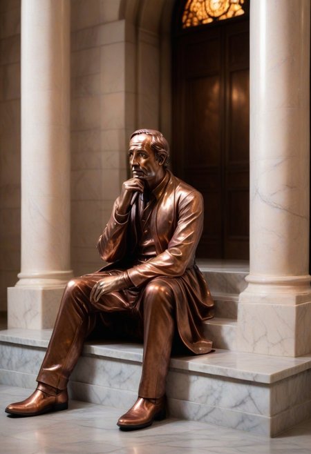 a copper statue portraying a wise man sitting on stairs, bleak, hands on chin, thinking, hopeless, depressing, enshrined in an alcove, marble church background
BREAK
CivChan