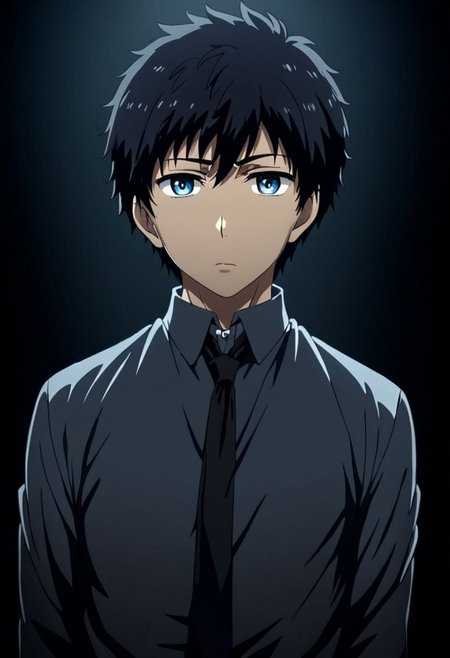 high resolution, solo, best quality, 1Boy, Arata Kaizaki, Black Hair, Blue Eyes, cool, Mysterious black background, Movie lighting, a sense of atmosphere, OverallDetail