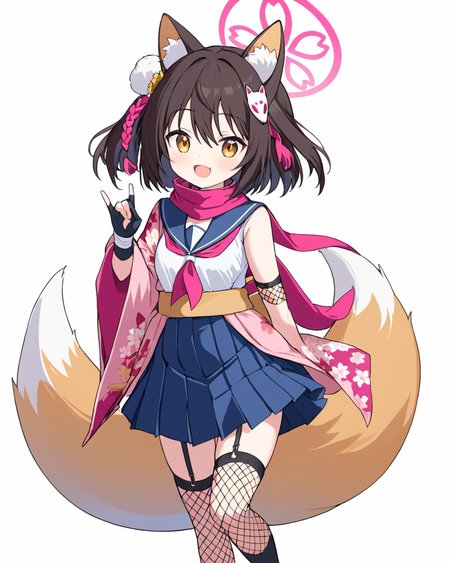 izuna \(blue archive\),1girl, kunai, solo, fox_shadow_puppet, fox_tail, partially_fingerless_gloves, halo, looking_at_viewer, japanese_clothes, fox_girl, single_thighhigh, fishnet_thighhighs, pleated_skirt, white_background, open_mouth, simple_background, animal_ear_fluff, floral_print, hair_ornament, pink_scarf, serafuku, fang, sailor_collar, :d, blue_skirt
<lora:izuna_(blue_archive)_image2170_2023-11-28-000008:1>halo. gorgeous,key visual, vibrant, studio anime,award-winning, professional, highly detailed,high budget, cinemascope