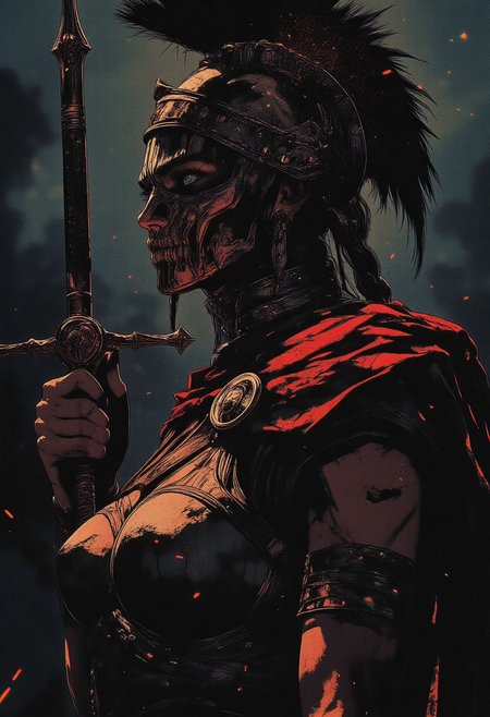 Female Roman soldier, Revenant, war paint, face paint, eye black, glowing eyes, in profile, toned arms, braided hair, battle damaged armor, large breasts, breast plate, dark and moody background, adds a dramatic tone, subtle lighting reflections, ray traced, foreshortening, particle effect, Holding a sword,