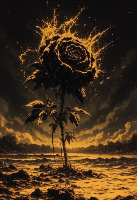 A surrelaist painting , anatomy of a black rose made of dreams ,ethereal aura around the rose, leaking aura into the surrounding landscape, rose plant next to yellow golden river