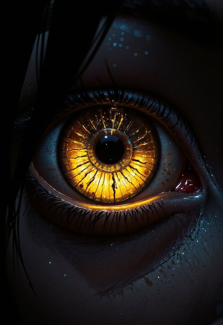 (in Otomo Katsuhiro style:1.2), high-quality, masterpiece, Close-up of a womans eye with spiderweb-thin cracks forming across the iris, each crack glowing faintly as golden light filters through casting intricate patterns on her pupil, Style is Minimalist and haunting, Lighting is Low-key with glowing cracks, Digital surrealism emphasizing subtle textures and glowing details, Eye textures, crack detail, soft glow, intricate patterns, (elaborate fine details:1.1), (hyperdetailed:1.1), (intricate details:1.0), (Refined details:1.1), (best quality:1.1), (high resolution:1.2)