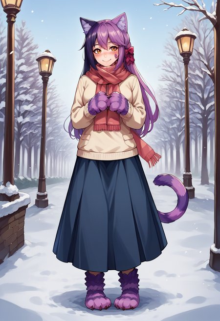 score_9, score_8_up, source_anime, 1girl, solo, CheshireMGE, two-tone hair, long hair, hair bow, cat paws, facial mark, striped tail, turtleneck sweater, long skirt, outdoors, scarf, winter, smile, blush, <lora:ChamCheshireCatPonyXL-000004:1>