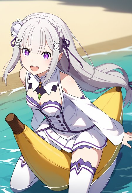score_9, score_8_up, score_7_up, source_anime,
BREAK
1girl, solo, 
<lora:shiEmiliaV2:1> shimilia, long hair, grey hair, purple eyes, pointy ears, crown braid, hair flower, hair ribbon, purple ribbon, x hair ornament, white dress, white thighhighs, thigh boots, 
<lora:shiBananaV1:0.85>, shibananariding, banana boat, riding, 
open mouth, smile, looking at viewer, happy,