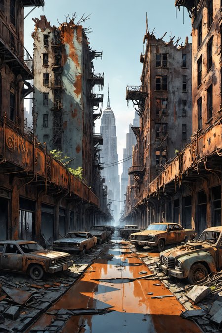 breathtaking post apocalypse New York City,illustration in the style of [gris grimly|clive barker],corrosion,rust,deterioration,destruction,broken,cracked,distressed,close up, . award-winning, professional, highly detailed