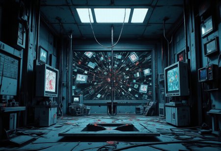 A dimly lit SCP containment chamber with cold metal walls enclosing a **cracked mirror in a black frame**. Its fractures shift unnaturally, as if alive. Around it, **monitors, measurement devices, and system units** are linked by tangled **thick cables**, snaking across the metallic floor. Some screens display **distorted alternate realities**, others show **erratic life-sign readings**, spiking as if detecting something unnatural.  
The mirror reflects **countless distorted versions** of the same person, each trapped in a **different fate**—**burning, drowning, falling into darkness**, or staring back in silent horror, covered in **scars that don’t exist in reality**. Some **smile knowingly**, others scream in agony, their voices lost. **Glitch-like distortions ripple through the air**, making reflections momentarily shift, as if trying to escape.  
The scene pulses with an **eerie glow**, monitors flickering with **cryptic warnings and unreadable data logs**. The deeper one stares, the more **realities unravel**, forming a **kaleidoscope of endless deaths and resurrections**. **Faint whispers of lost voices** echo in the distance: *"This is not immortality. This is a trap."*  
A **VHS-horror, glitch-art, SCP Foundation aesthetic**, with **grainy textures, chromatic aberrations, and digital artifacts**, as if captured from **classified SCP surveillance footage**,(ne0nfant4sy, In the style of ff-td)