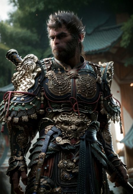 score_9, score_8_up, score_7_up, realistic, WU KONG, solo, black hair, 1boy, standing, weapon, male focus, cowboy shot, sword, armor, facial hair, shoulder armor, sheath, beard, sheathed, weapon on back