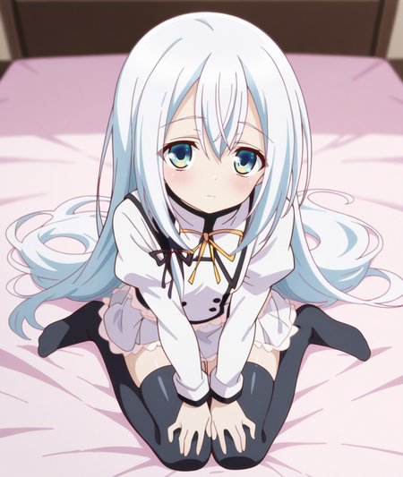 1girl,
BREAK solo,
BREAK wearing clothes,closed mouth,looking_at_viewer,
BREAK from above,full body,
BREAK
on bed BREAK
BREAK
BREAK
BREAK
BREAK anime coloring,
BREAK <lora:seirei tsukai no blade dance:1>,terminus est,school uniform,wariza,