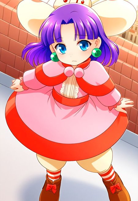 <lora:HyLper-Accelerate-PAseer:1> <lora:Fixhands_anime_bdsqlsz_V1:1>score_9, score_8_up, score_7_up, source_anime, intricate details, perfect anatomy BREAK
1girl, grandia-sue, purple hair, long hair, hair ribbon, blue eyes, green earrings, capelet, pink dress, grandia-sue outfit, striped socks, brown shoes,
Sad, downturned mouth, drooping eyelids, and furrowed brow., outdoors, city, tokyo, dynamic pose, dynamic angle,
<lora:grandia-sue_XL(pony)v11:1>
