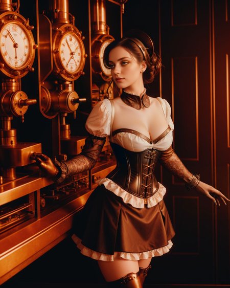 <lora:kodak_ektachrome:1>, thicc thighs, feminine woman, narrow waist, cleavage, detailed interesting background, perfect hands,  ([style of Jovana Rikalo, OverallDetail:style of Liam Wong, HairDetail SkinDetail:0.4]:1.15), [Victorian:steampunk:0.6] setting, woman embodying a steampunk aesthetic with a Victorian twist, ((intricate corset design)), holding greasy spout oil can, steel boned corset with brass cogs and gear accents, layered bustle skirt in rich brocade, detailed with copper threading, high-collar ruffled blouse with puffed sleeves, leather gloves reaching just below the elbow, adorned with delicate clockwork pieces, striking leather boots with metal heel detailing, a combination of elegance and industrial flair, hair styled in a sophisticated updo, adorned with miniature steampunk-inspired hat, subtle yet striking makeup highlighting her sharp features, standing confidently in a vintage workshop setting, surrounded by brass and copper machinery, soft glow of ambient gaslights, casting dramatic shadows, the air filled with a sense of adventure and mechanical wonder, her presence a perfect blend of Victorian grace and steampunk boldness, captivating the viewer with a look that's both nostalgic and forward-thinking.