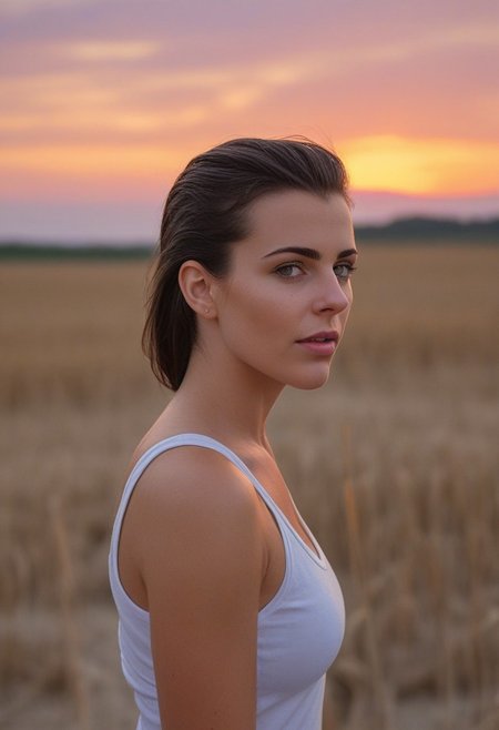 30yo american woman in a wheat field
Small eyes. Brown eyes.
Wearing white tank top. no makeup. Clear skin.  realistic skin style
Long dark black slick back hair. No makeup. Dusk, Street light. Looking at camera POV. Slight smile, tilting head.. Tilt head. Hands in head, face, lips.
Medium Close Up shot. Bokeh. Bokeh light. Sunset. yellow, purple sky.