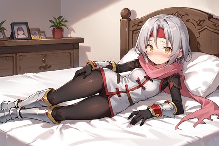 score_9, score_8_up, score_7_up, score_6_up, source_anime, BREAK, <lora:Zilva:0.65> , zildef, 1girl, short hair, grey hair, yellow eyes, red headband, mask, scarf, pink scarf, white sweater vest, white shirt, bodysuit, black bodysuit, bodysuit under clothes, (single gauntlet), black gloves, sheathed, armored boots, laying on side,  looking at viewer, nervous, blush, closed mouth, full body, <lora:detailed_backgrounds_v2:0.6> , masterpiece, best quality, very aesthetic, absurdres, indoors, bedroom, bed,  <lora:04kXLP:0.7> , 04k,