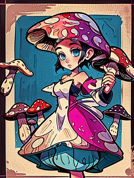 mushroom_elemental, humaniod mushroom, <lora:Lord AK Style - V1:0.95> lord_ak_style, popart, colorful, magical, mushroom field,  <lora:l_32:-0.65>, woman/mushroom, <lora:By Baygel - Merge:0.03> in the style of baygel, a digital painting, baygel_style, solo, ai assisted<lora:LCM_SD15:1.0>