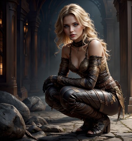 RAW photo, (masterpiece:1.3), subsurface scattering, heavy shadow, (high quality:1.4), (intricate, high detail:1.2), professional photography, HDR, High Dynamic Range, realistic, ultra realistic, photorealistic, high resolution, film photography, ambient lighting, atmospheric effects, <lora:detail_slider_v4:2>, OverallDetail, <lora:FantasyRogues:0.75>, 1girl, bare shoulders, belt, black gloves, blonde hair, blue eyes, buckle, choker, cloak, fanrog, gloves, green eyes, dark lips, long hair, looking at viewer, medium breasts, solo, squatting,