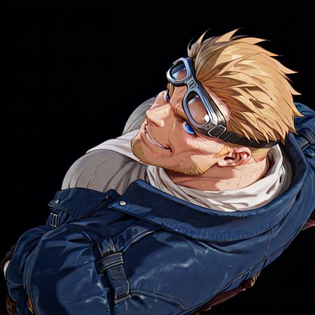 RESET, score_9,score_8_up,score_7_up, Highest Quality, 4k, masterpiece, Amazing Details, best quality, detailed image, good illumination, source_furry, rating_explicit, proportionate body, BREAK, solo, daddy, high testosterone, bara, (hyper muscles:1.3), handsome, sexy, confident, badass, (sexy grin:1.0), (hyper pectorals:1.3), (hyper biceps:1.3), (looking at viewer:3.0), (black background:3.5), close up, (upper body focus:3.5), (six pack abs:1.3), (veiny muscle:1.3), (sweaty:1.3), 
(detailed eyes:2.0), (detailed face:2.0), (perfect face:2.0), (perfect eyes:2.0), 
(from above:4.5), (Dutch angle shot:3.0),
(standing:3.1), 
(hands on hips:2.0),  
CidHighwindFF, short hair, blonde hair, blue eyes, stubble, mature male, muscular, bandaid,
aviator goggles, blue denim jacket, white scarf, grey shirt, brown leather gloves, belt, brown pants, brown cross-laced boots,