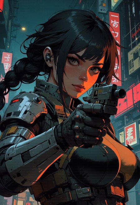 magnificent, closeup portrait, female bounty hunter, braided black hair, futuristic armor, battlesuit, mechanical armor, sleek armor, sexy, curvy, large breasts, large ass, aiming an assault rifle, assault rifle, aiming rifle, Cyberpunk City, Neon Lights, foreshortening,
solo, 
Cowboy Shot, close up, from above,