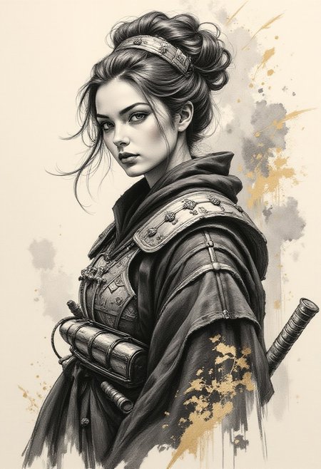 Pencil drawing, black and white, pencil strokes, black pencil shading, charcoal drawing, tinted paper, pencil drawing, brutal dark b/w color scheme, gold patterns, A captivating illustration of a Geisha Assassin in the mystic world of ancient Kyoto. The female character is cloaked in luxurious silk and adorned with intricate steel armor, her movements as graceful as a dancer yet as precise as a skilled warrior. A porcelain mask covers her face, hiding her identity while accentuating the allure and danger of the geisha tradition. The artwork masterfully combines the energetic style of sumi-e with the meticulous detail of Japanese ink, creating a striking visual impact. The Geisha Assassin's eyes, filled with a steely resolve, subtly reveal her lethal intentions beneath her serene demeanor. However, a touch of melancholy lingers in her gaze, serving as a poignant reminder of the sacrifices she has made in her pursuit of this deadly profession.