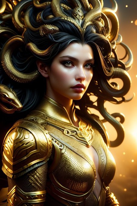 A young woman with intricate, serpent-entwined Medusa armor adorns her upper body, rendered in hyper-realistic detail, with soft, golden lighting accentuating the metallic scales and textures, set against a muted, dark background, with a shallow depth of field, emphasizing her determined gaze, in a cinematic, close-up composition, reminiscent of digital painting.