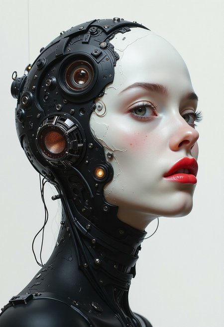 DB4RZ style painting biomechanical cyberpunk A captivating minimalist, a shy and alluring woman. The left half of her face is visible, with her delicate features seamlessly merging into a blank canvas of white. Her soft, bright red lips contrast against the monochromatic background, drawing the viewer's attention. Her eyes hold a subtle, mysterious expression that exudes both haunting and enchanting vibes. The simplicity of the composition, with its stark contrast, evokes a sense of ethereal beauty. by Sasan. black background. . cybernetics, human-machine fusion, dystopian, organic meets artificial, dark, intricate, highly detailed
