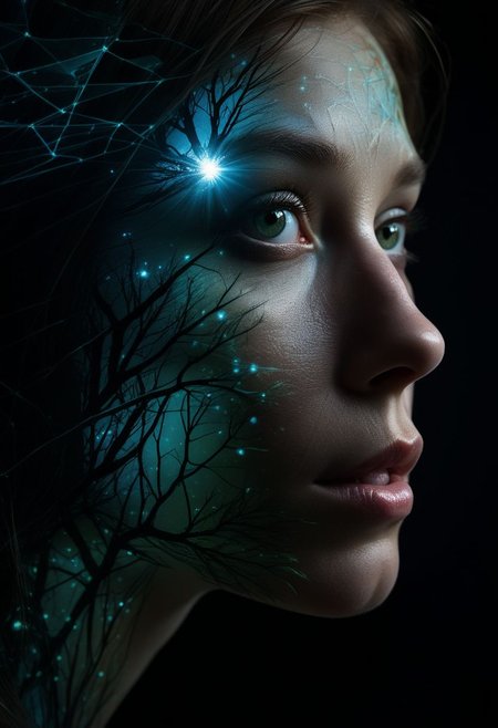 close-up, mysterious silhouette of a woman, overheadprojector shining (nature documentary) on her face, , goddess, alluring, by Minjae Lee, Carne Griffiths, Emily Kell, Steve McCurry, Geoffroy Thoorens, Aaron Horkey, Jordan Grimmer, Greg Rutkowski, amazing depth, double exposure, surreal, geometric patterns, intricately detailed, bokeh,  perfect balanced, deep fine borders, artistic photorealism , smooth,  great masterwork by head of prompt engineering   <lora:add-detail-xl:2>  <lora:Double_Exposure:0.5>