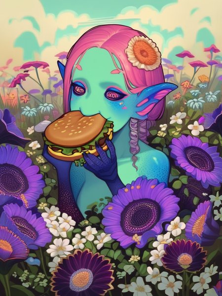 monstergirl, [demon|woman] eating hamburger, weird, surreal, flowers 
score_8_up   <lora:Weird things are Weird B:1>