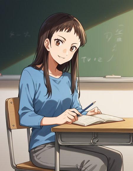 score_9, score_8_up, score_7_up, source_anime, <lora:emi-igawa-s1-ponyxl-lora-nochekaiser:1>,, emi igawa, long hair, brown eyes,, shirt, pants, blue shirt, grey pants, capri pants,, classroom, chalkboard, day time, studying, sitting, chair, desk,, smile, looking at viewer, hand making an OK sign, solo,, cowboy shot, dutch angle