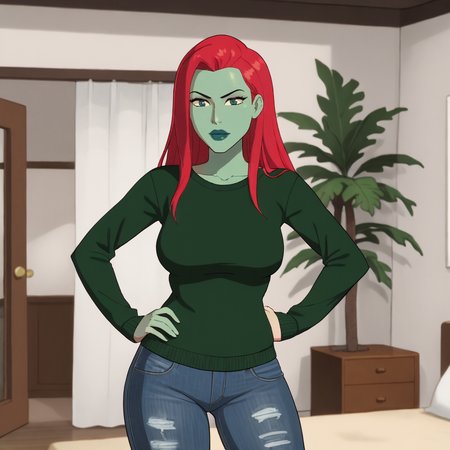 <lora:poisonivycartoon_pony_v1:.95>  PoisonIvyBikiniCartoon, 1girl, lipstick, makeup,  large breasts,  green skin, colored skin, long red hair, black lips, cowboy shot, sweater, jeans