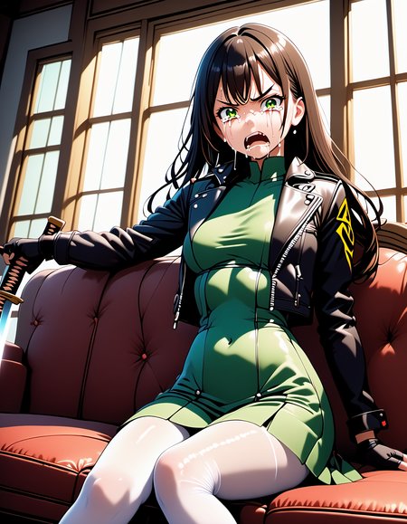 PonyXLV6_Scores ,25d Style, 1girl, solo, long hair, looking at viewer, open mouth, black hair, gloves, long sleeves, dress, holding, medium breasts, sitting, green eyes, jacket, weapon, pantyhose, open clothes, black gloves, sword, indoors, tears, fingerless gloves, holding weapon, open jacket, black jacket, v-shaped eyebrows, window, covered navel, glowing, holding sword, short dress, katana, crying, couch, cropped jacket, white pantyhose, crying with eyes open, green dress, leather, on couch, leather jacket,   <lora:25DPDXL:1>
