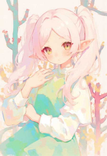 soft pastel anime, nereirfpnxl, frieren, elf, pointy ears, green eyes, white hair, twintails
