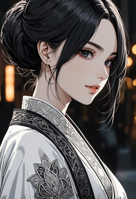 gorgeous lips, cinematic, (masterpiece), (best quality), (ultra-detailed), very aesthetic, illustration, perfect composition, intricate details, absurdres, detailed face, (anime, masterpiece, intricate:1.3), (best quality, hires textures, high detail:1.2), (4k),(incredibly detailed:1.4) (beautiful detailed face, beautiful detailed eyes)
villain, 1woman, arrogant smile
high pointed nose, (nostrils:1.3), no bra, blurry, 22-year-old woman, pale skin,
black eyes, bob black hair, big brests
white kimono, pelvic curtain on ass, large ass, from behind, outdoors,  dimly lit, white background