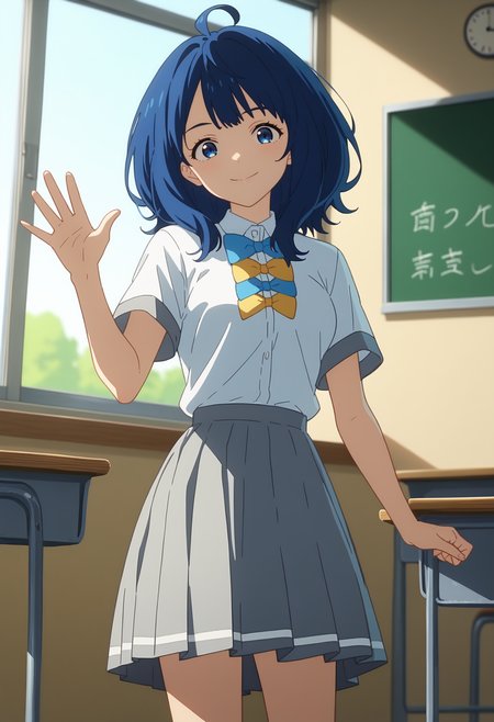 score_9, score_8_up, score_7_up, anime screencap, source_anime, 1girl, solo,
<lora:Anna_Yanami_Makeine_V2:.85>, KJOanna, blue hair, blue eyes, medium hair, ahoge, 
school uniform, short sleeves, bowtie, grey skirt, 
waving, light smile, looking at viewer, standing, dutch angle, 
School, classroom, window, sunny,
(Beautiful, medium Breasts:1.2),
