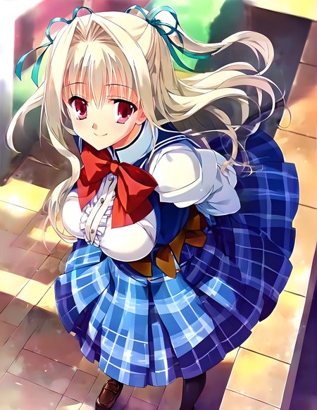 <lora:pony_xl_Charles>,Charles,score_9,score_8_up,score_7_up,source_anime,1girl,solo,hair_ribbon,looking at viewer,school uniform,dress,blue plaid,long sleeves,red bowtie,plaid skirt,black pantyhose,loafers,smile,:d,city,standing,arms_behind_back,
