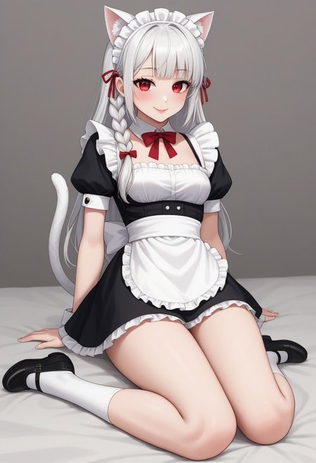 1girl, anime, Whirte hair, braid on the side hair, bangs, medium long hair,  White cat ears, Fluff in ears,  white cat tail,  white skin, small boobs, wide hips, maid outfit , ankle socks, red eyes, semi close eyes , smile, lipstick , blush easynegative,ng_deepnegative_v1_75t