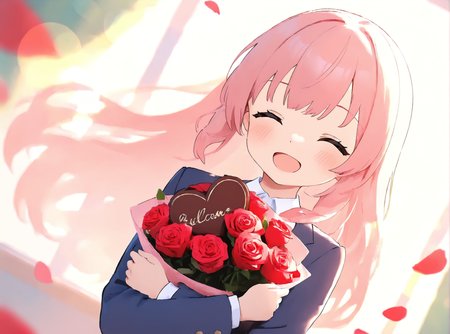 1girl, solo, dutch angle, cute girl, long hair, smile, open mouth, closed eyes, upper body, school uniform, blazer, bouquet, rose, heart-shaped chocolate, falling petals, cinematic, beautiful light, lens flare, painterly, <lora:locute_v3_v09:1>
