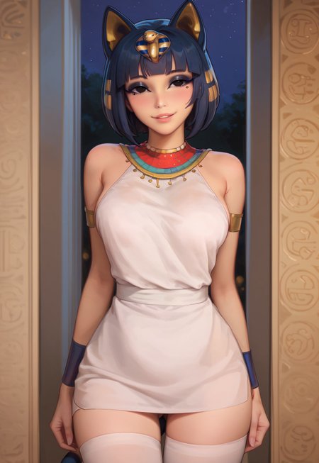 score_9, score_8_up, score_7_up, {1girl (solo, adult female, perfect anatomy, solo, large breasts, makeup, black eyeliner, black eyeshadow, detailed face, black eyes, detailed eyes, sensual lips, seductive expression, blue hair, short hair, nose blush, blush, tall, five fingers including one thumb on each hand, perfect hands), outfit (solo, Ankha_(Animal_Crossing), tall, cat ears, cat tail, short dress, white dress, sleeveless, jewelry, bare shoulders, white thighhighs), pose(solo, alone indoors, night, standing alone, empty bedroom, arms down, hands by sides, looking at viewer, facing viewer, seductive eyes, smile, parted lips)}, medium view from front,