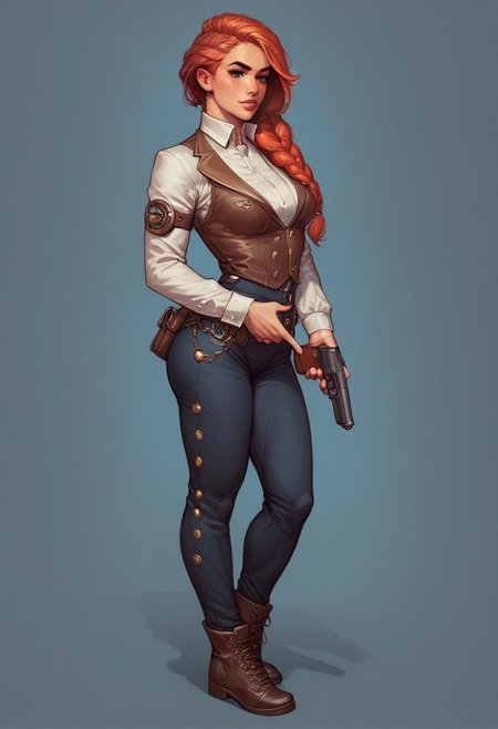 score_9, score_8_up, score_7_up, detailed photorealistic image, HD32k, abrsurdres, detailed face, detailed eyes,, portrait of girl, bangs, steampunk adventurer, goggles, steampunk street at night, neon, MechanicusStyleAI
(((full-clothed))), ((long big pistol in hands, handgun in hands))
BREAK 
strange world background score_9, score_8_up, score_7_up, score_6_up, source_cartoon, rating_explicit, Expressiveh, (((((full body))))), dynamic pose