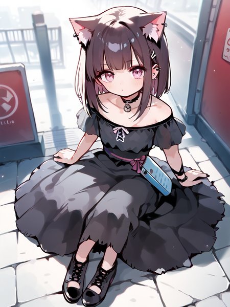 (score_9,score_8_up,score_7_up:1), 1girl, full body,(<lora:fallenshadowponyxl:0.8> fallenshadow1,  medium hair, pink eyes, flat chest) above   angle, day lighting, Cute, cat ears, cat tail (milf), black hair,choker, eyeshadow, (pale rough skin), (Sitting), Asian diner, (<lora:goth_clothes:1>, goth dress, gothic jewelry, black dress, detailed dress, black high heeled shoes), <lora:Eldritch_Universe_Style:1>