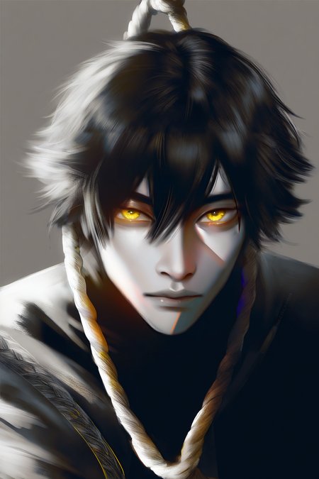 masterpiece, best quality, amazing quality, black_hair, 1boy, solo, male_focus, spot_color, rope, yellow_eyes, noose, upper_body, monochrome, grey_background, looking_at_viewer, closed_mouth, simple_background, <lora:xte style NAI:1> xte style, hand draw style, brush style