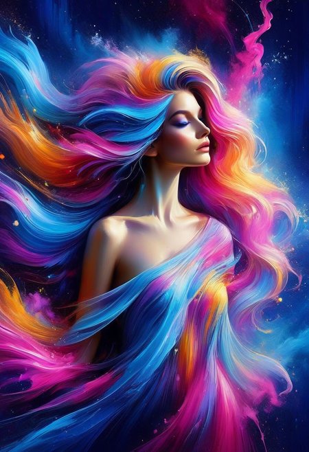 impactful paint of Woman in elegant haute couture fashion standing amidst vibrant cosmic nebulae and swirling galaxies, exuding confidence and grace. She is portrayed in a high-fashion pose, with dramatic lighting accentuating her features. Background features vivid hues of blues, purples, and pinks, resembling celestial nebulae. The overall tone is ethereal and enchanting, highly detailed, 8k, sharp, professional, clear, high contrast, high saturated, vivid deep blacks, crystal clear